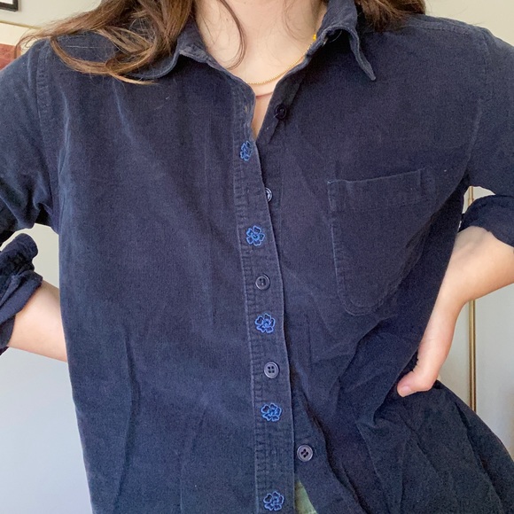 Navy Corduroy Long Sleeve Button Down with Floral Detail - Picture 2 of 6